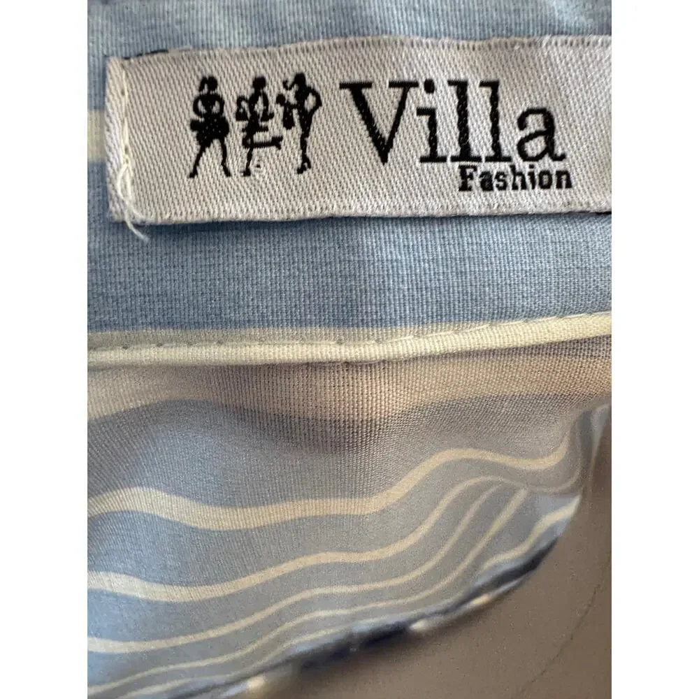 Villa Fashion Blue Stripe Embellished Button Down Shirt Rhinestone Top Medium